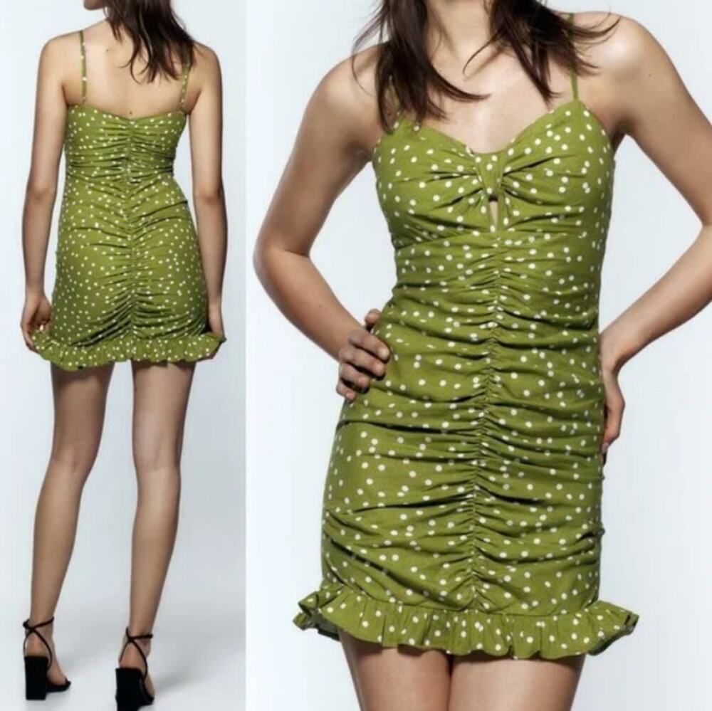 New ZARA Women's Olive Green Linen Blend Polka Dot Mini Dress Size S